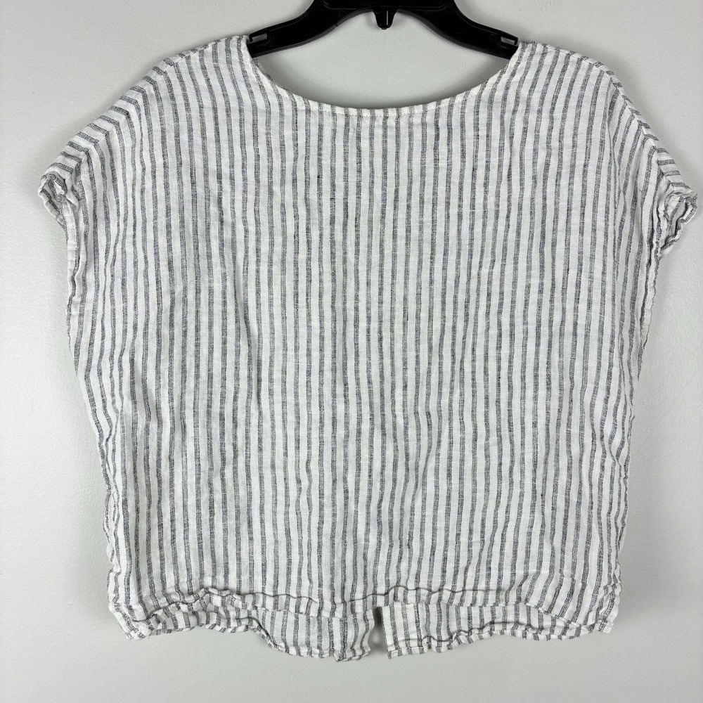 Tahari 100% Linen Short Sleeve Top Mother-Of-Pearl Button Sz L White Nautical